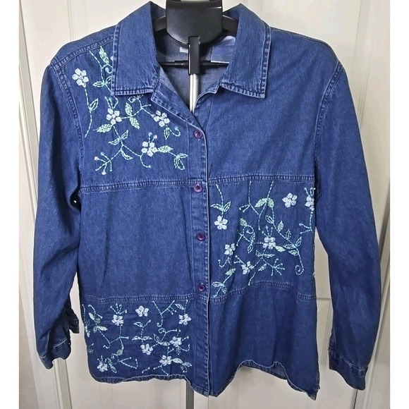 Erika Tops - Erika & Co. Women's XL Embroidered Button-Down Denim Shirt Long Sleeve Floral